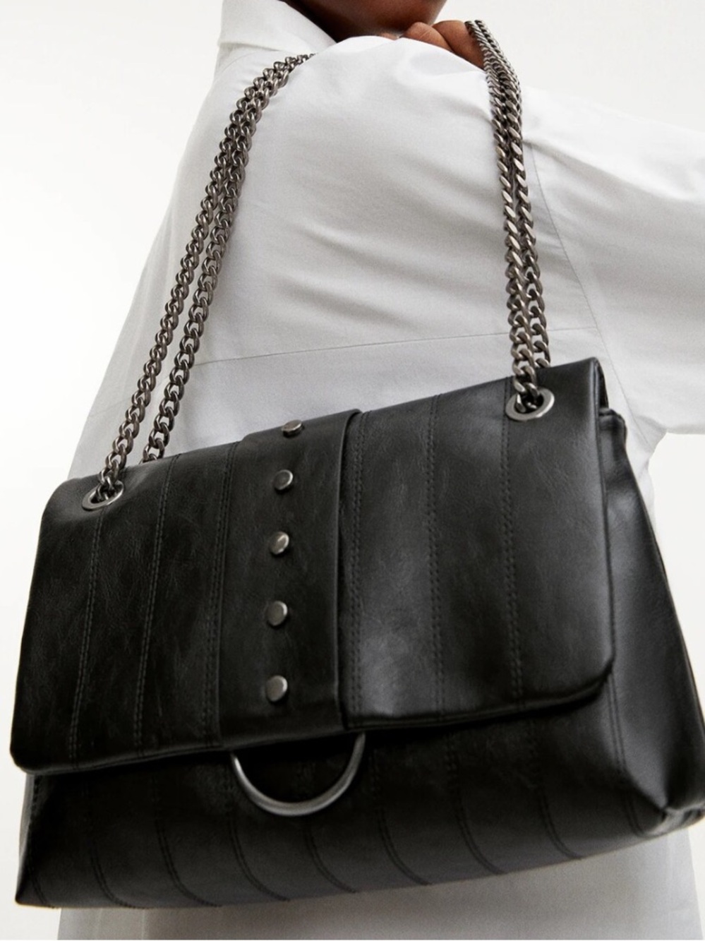 Pull&Bear Black Faux Leather Shoulder Bag Crossbody with Chain Strap